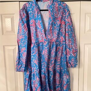 Vibrant Blue and Pink Patterned V Neck Dress